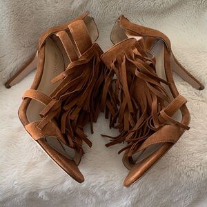 Minelli Brown Suede Fringe Open-Toe Heels
